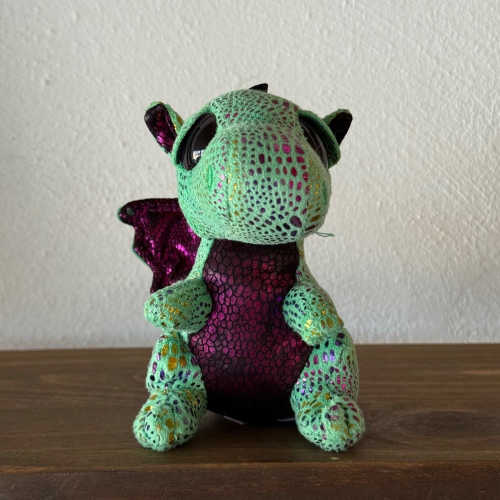TY Beanie Boos Cinder Dragon Plush Green Purple Glitter‎ Eyes Stuffed 6"